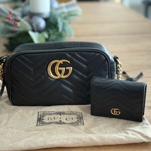 Gucci Black Chevron Crossbody Bag with Gold Accents